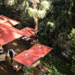 Elevated view of outdoor dining tables beneath red parasols surrounded by greenery at Portrait Milano