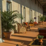 Relaxed outdoor lounge area with wooden flooring, comfortable seating and potted plants at Portrait Milano