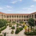 Wide view of Portrait Milano's historic courtyard with symmetrical architecture, landscaped gardens and elegant stone colonnades