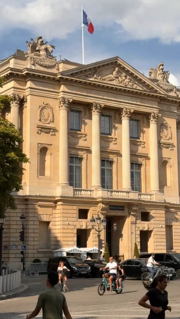 Historic stone facade of Rosewood Hôtel de Crillon Paris with ornate architectural details