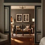Sophisticated lounge with dark wood furnishings, framed artwork and warm lighting at Rosewood Hôtel de Crillon Paris