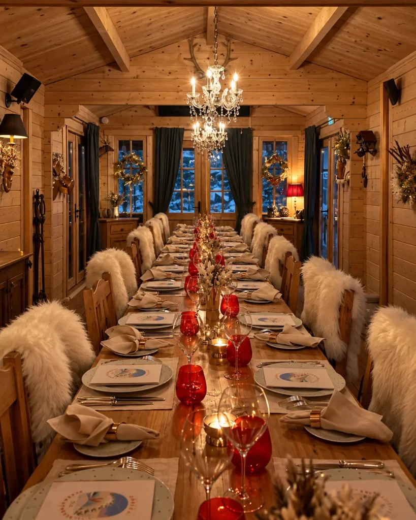 Rustic alpine dining table arranged with candles, warm wooden interiors and an inviting dinner setting