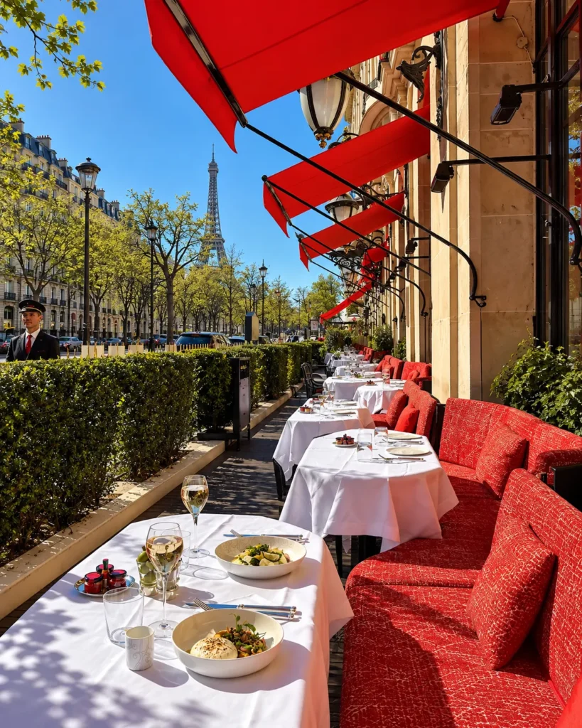Hôtel Plaza Athénée Paris outdoor terrace dining with red awnings, elegant seating and Eiffel Tower views