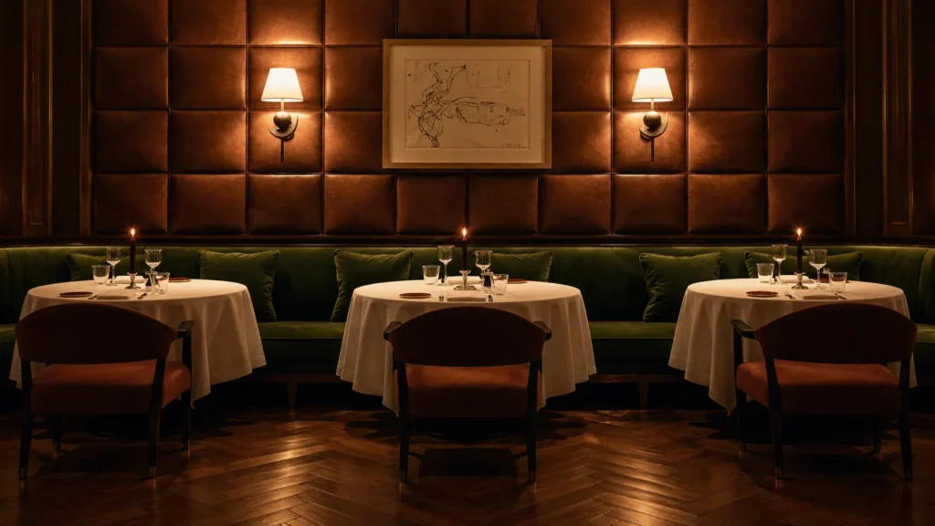 Elegant candlelit dining lounge at The Carlton Milan featuring velvet seating, white tablecloths, and warm wall lighting
