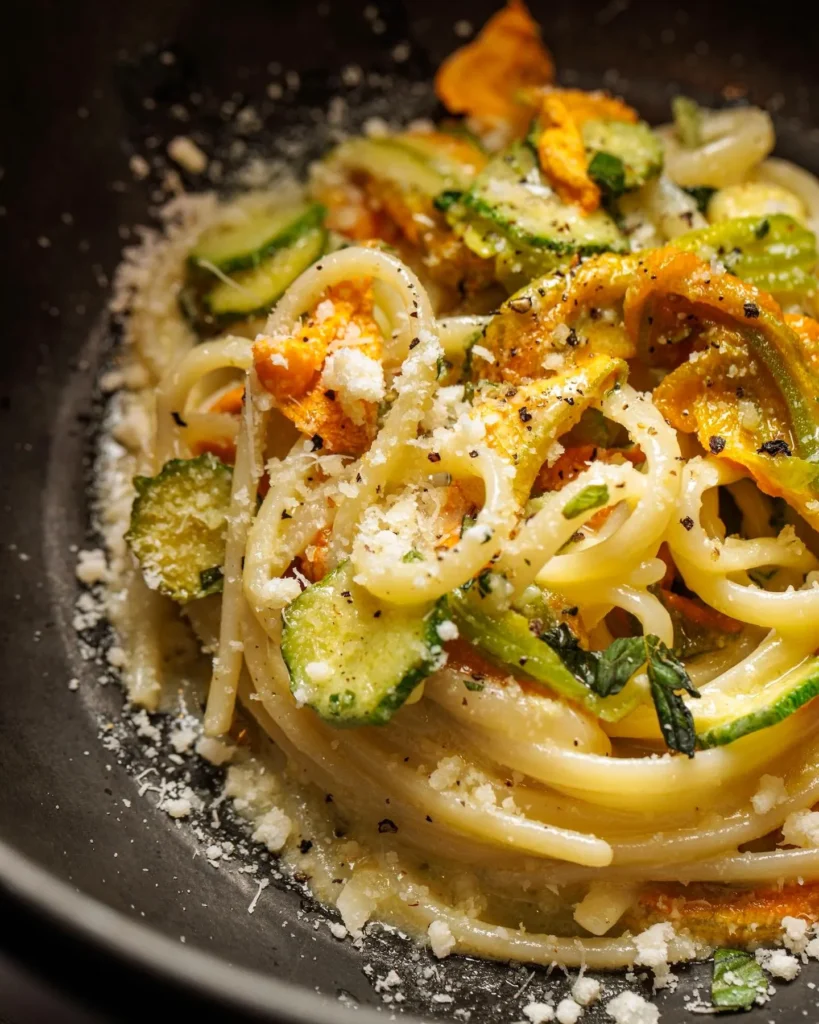 Gourmet pasta served at The Carlton Milan, topped with fresh herbs and finely grated cheese in a dark ceramic bowl