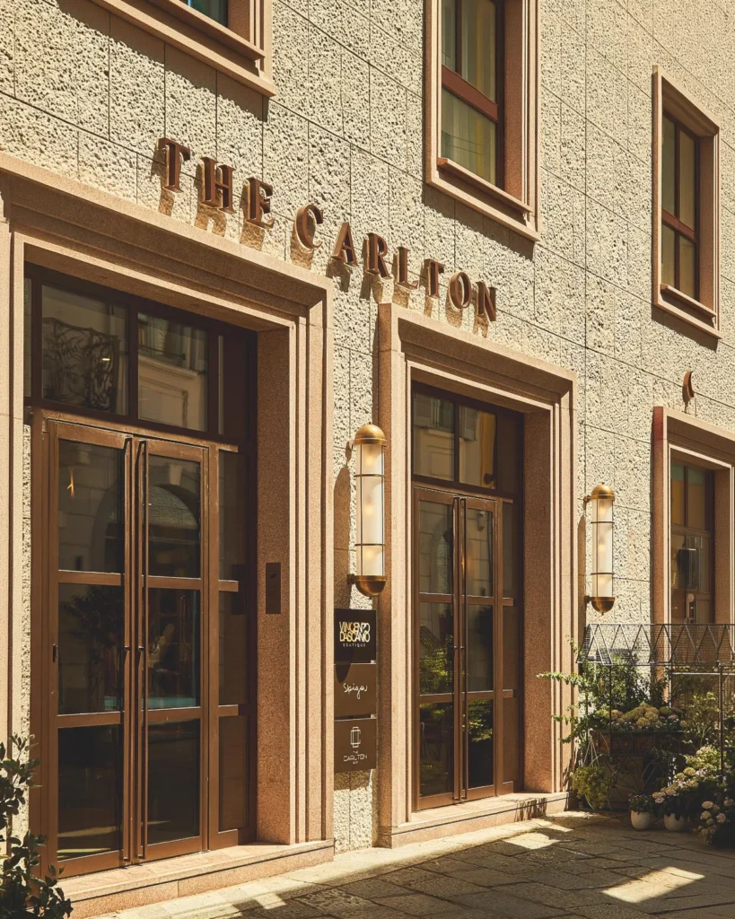 Street-level exterior of The Carlton Milan featuring elegant stone architecture, large windows, and the hotel's entrance