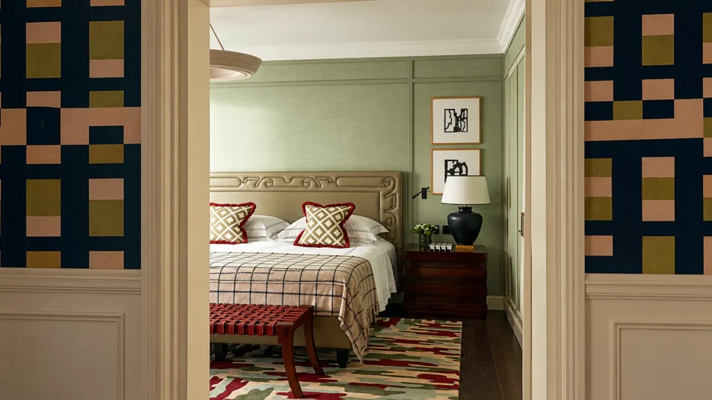 Luxury bedroom at The Carlton Milan framed by a geometric doorway, with a patterned bedspread and refined contemporary decor